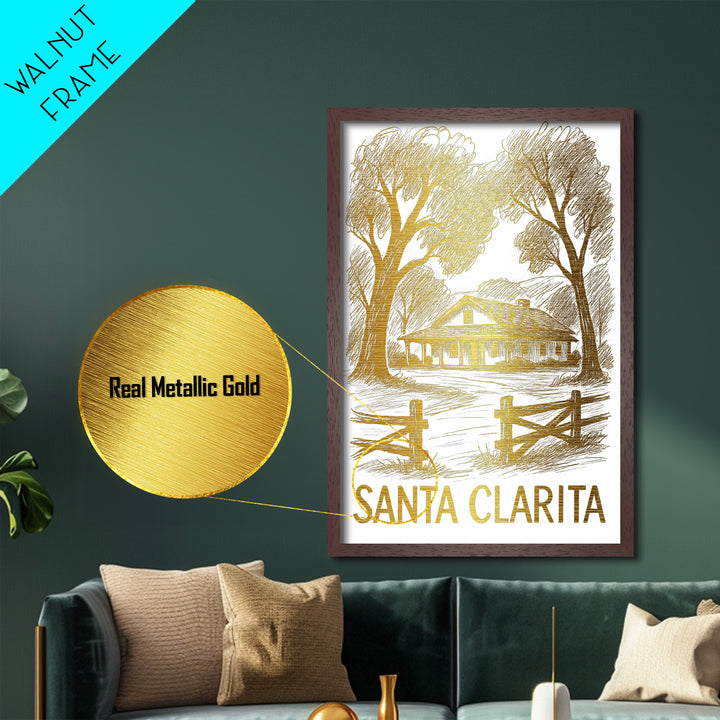 Santa Clarita California art, Metallic Gold Art, Housewarming Gift, Metal Art, Wood Framed Art, Newlywed Travel Gift, Honeymoon Gift