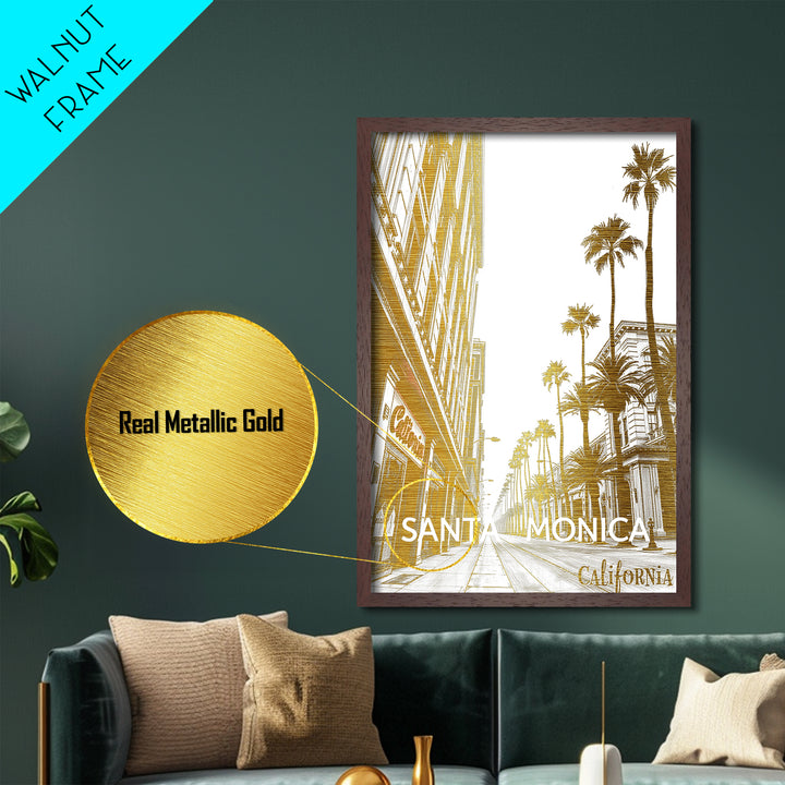Santa Monica California travel, Metallic Gold Print, Modern House Art, Metal Art, Wood Framed Art, Wanderlust Gift, Travel Art Prints
