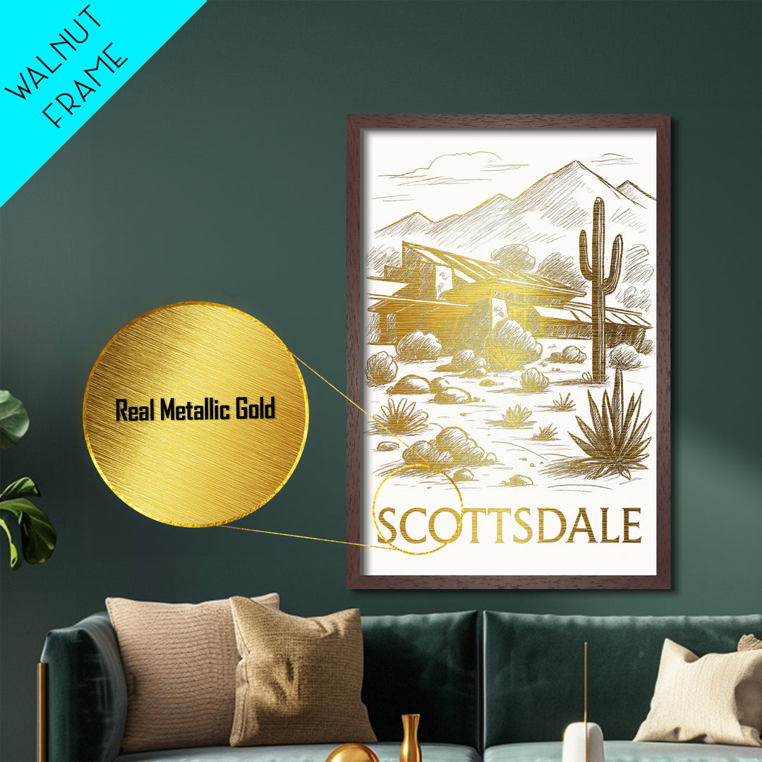 Scottsdale Arizona art, Metallic Gold Print, Modern Skyline Wall Print, Metal Art, Wood Framed Art, Adventure Lover Gift, Travel Gift
