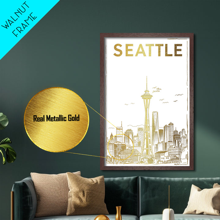 Seattle Washington travel, Metallic Gold Art, Housewarming Gift, Metal Art, Wood Framed Art, Newlywed Travel Gift, Honeymoon Gift