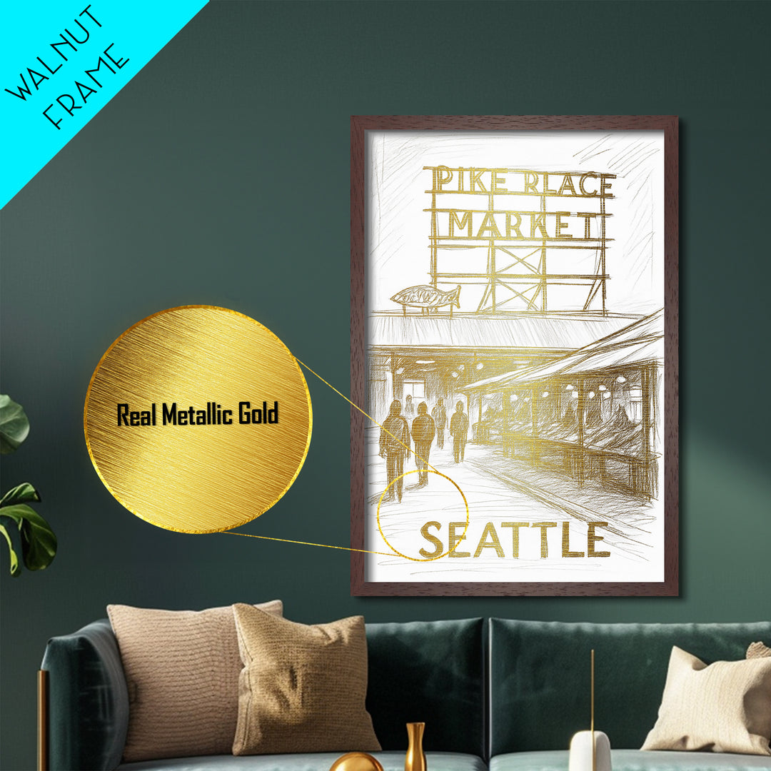 Seattle Washington art, Metallic Gold Print, Closing Gift, Metal Art, Wood Framed Art, Anniversary Travel Gift, Retirement Gift