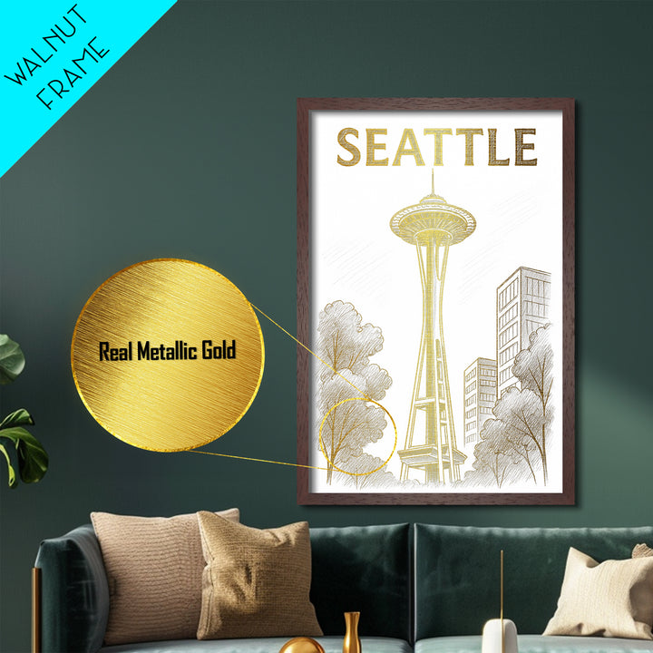 Seattle Washington travel, Metallic Gold Art, Office Decor, Metal Art, Wood Framed Art, Graduation Travel Gift, Destination Gift