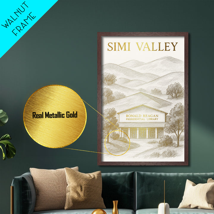 Simi Valley California travel, Metallic Gold Print, Modern House Art, Metal Art, Wood Framed Art, Traveler Gift, Destination Gift