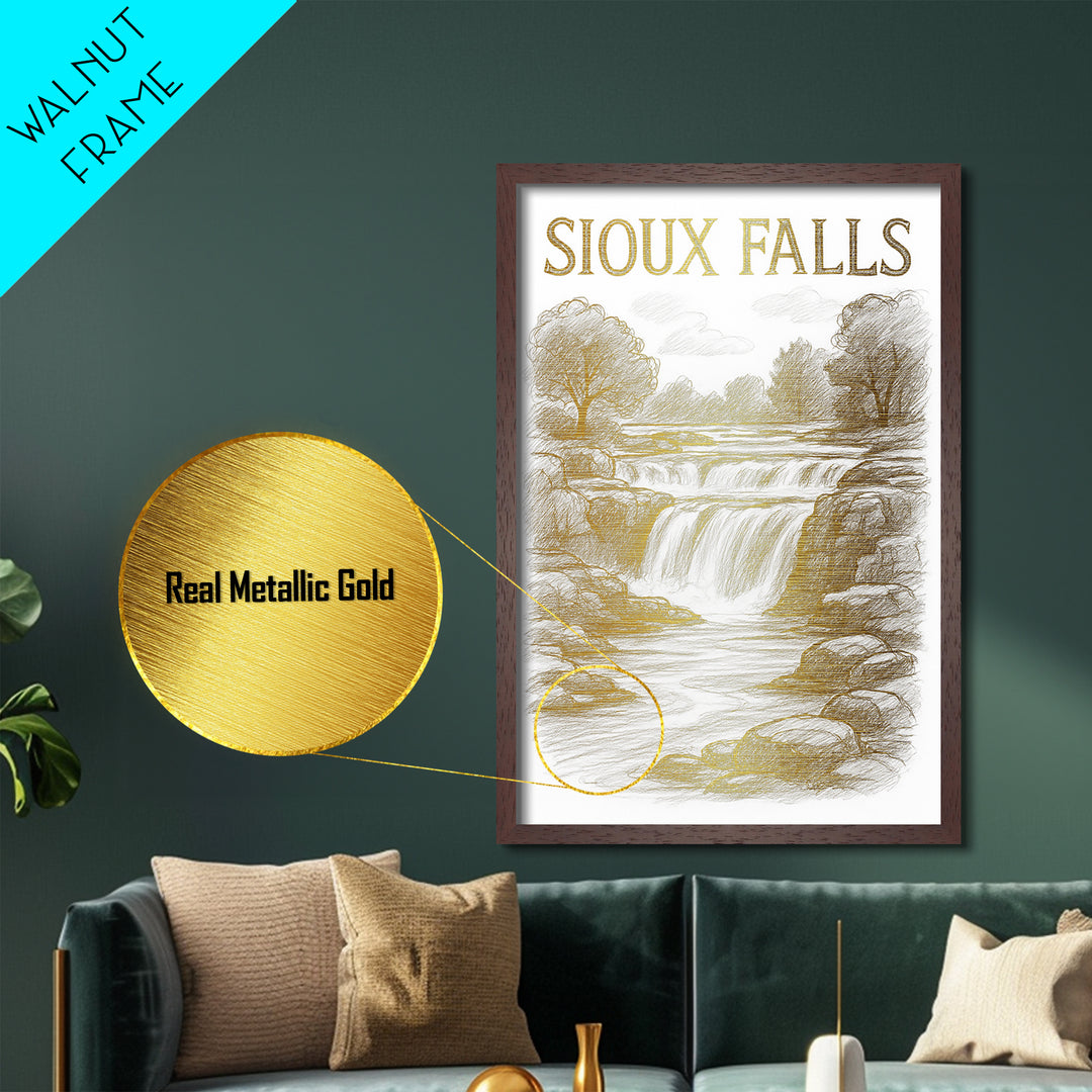 Sioux Falls South Dakota travel, Metallic Gold Print, College Dorm Décor, Metal Art, Wood Framed Art, Graduation Travel Gift, Traveler Gift