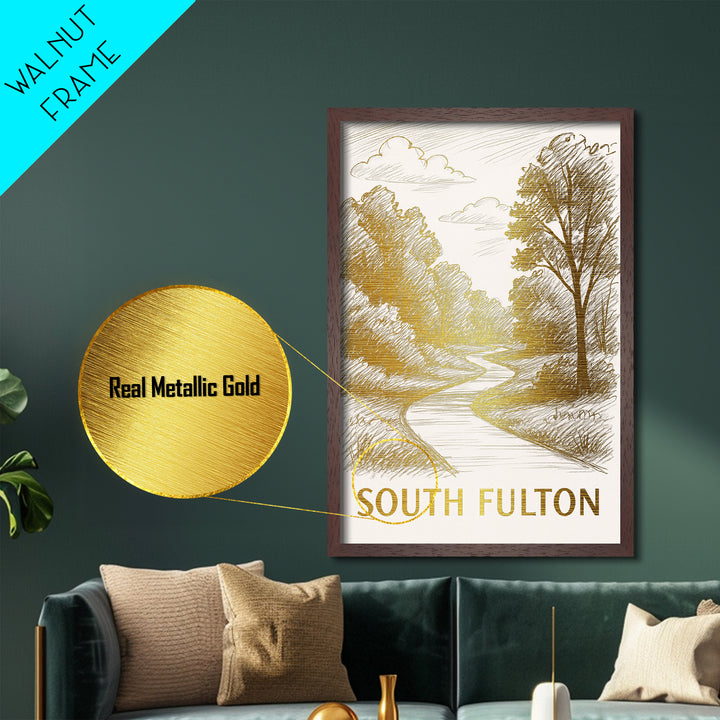 South Fulton Georgia art, Metallic Gold Art, Office Decor, Metal Art, Wood Framed Art, Graduation Travel Gift, Destination Gift