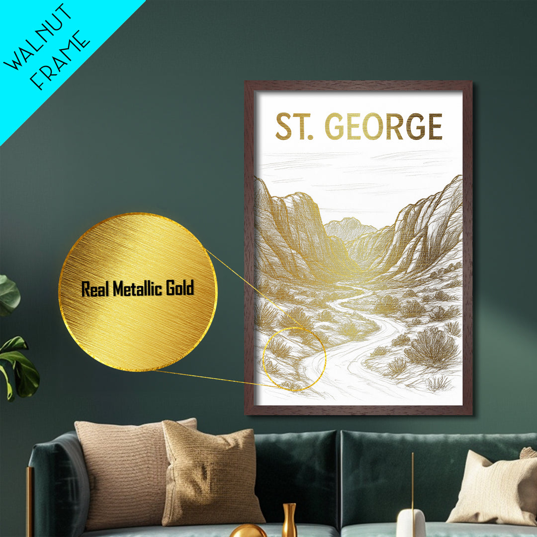 St. George Utah travel, Metallic Gold Print, Modern Skyline Wall Print, Metal Art, Wood Framed Art, Adventure Lover Gift, Travel Gift
