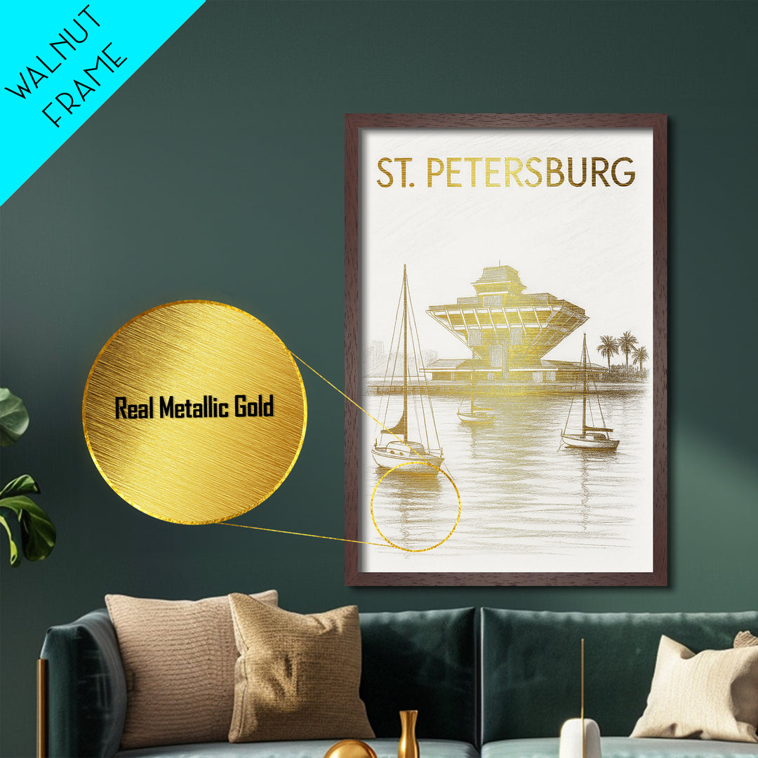 St. Petersburg Florida travel, Metallic Gold Print, Modern House Art, Metal Art, Wood Framed Art, Graduation Travel Gift, Destination Gift