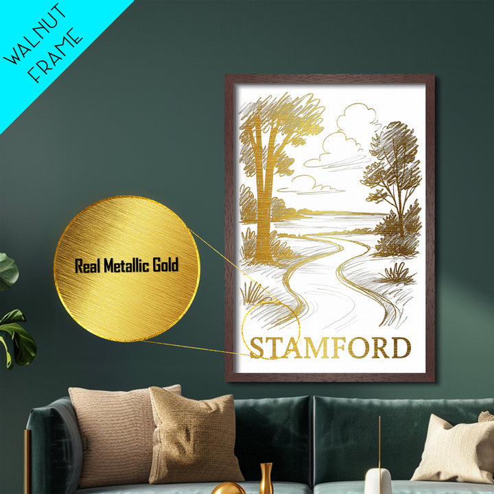 Stamford Connecticut art, Metallic Gold Art, Modern House Art, Metal Art, Wood Framed Art, Graduation Travel Gift, Travel Wall Decor