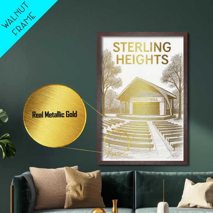 Sterling Heights Michigan travel, Metallic Gold Print, College Dorm Décor, Metal Art, Wood Framed Art, Graduation Travel Gift, Traveler Gift