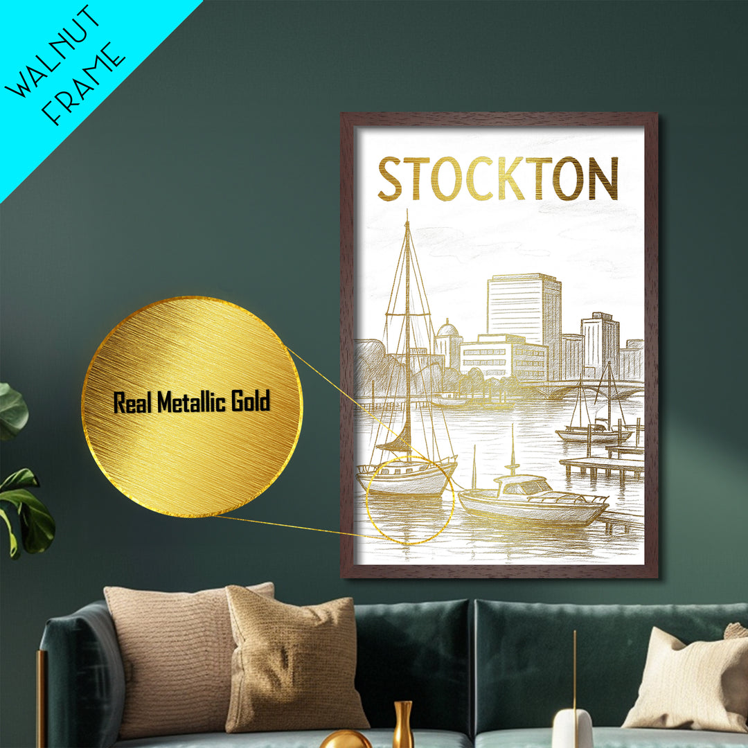 Stockton California travel, Metallic Gold Print, Modern House Art, Metal Art, Wood Framed Art, Wanderlust Gift, Travel Art Prints
