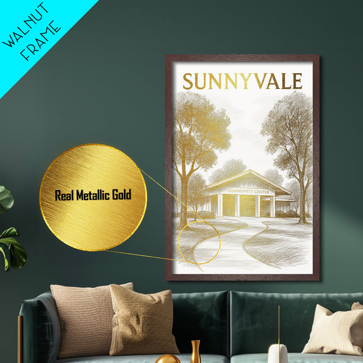 Sunnyvale California travel, Metallic Gold Print, Modern Skyline Wall Print, Metal Art, Wood Framed Art, Adventure Lover Gift, Travel Gift