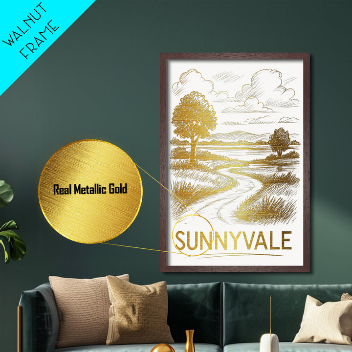 Sunnyvale California art, Metallic Gold Art, Housewarming Gift, Metal Art, Wood Framed Art, Newlywed Travel Gift, Honeymoon Gift