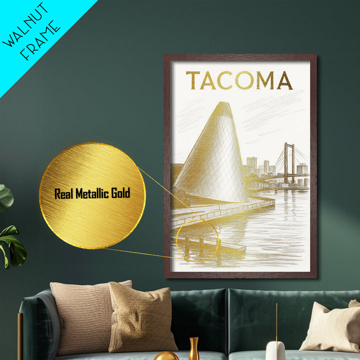 Tacoma Washington travel, Metallic Gold Print, Modern House Art, Metal Art, Wood Framed Art, Graduation Travel Gift, Destination Gift