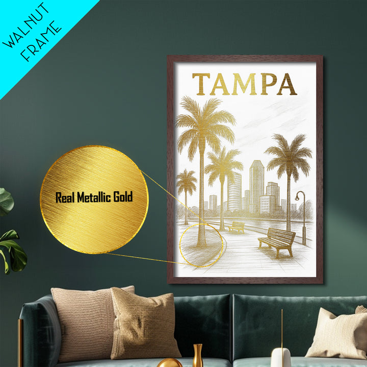 Tampa Florida travel, Metallic Gold Print, Modern Skyline Wall Print, Metal Art, Wood Framed Art, Adventure Lover Gift, Travel Gift
