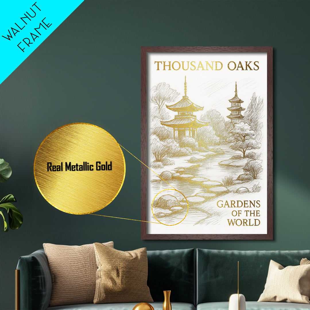 Thousand Oaks California travel, Metallic Gold Print, College Dorm Décor, Metal Art, Wood Framed Art, Graduation Travel Gift, Traveler Gift