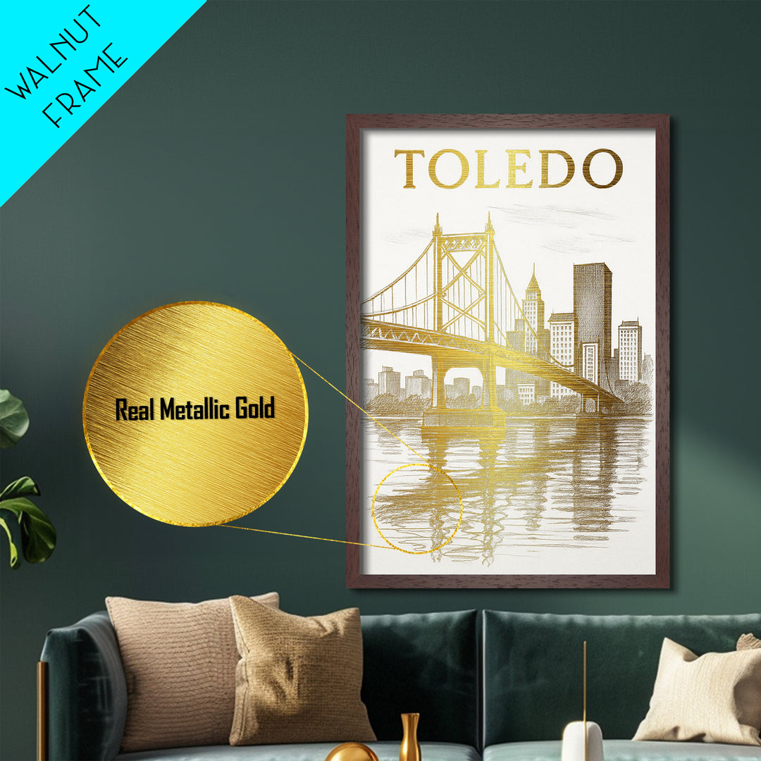 Toledo Ohio travel, Metallic Gold Print, Modern Skyline Wall Print, Metal Art, Wood Framed Art, Adventure Lover Gift, Travel Gift