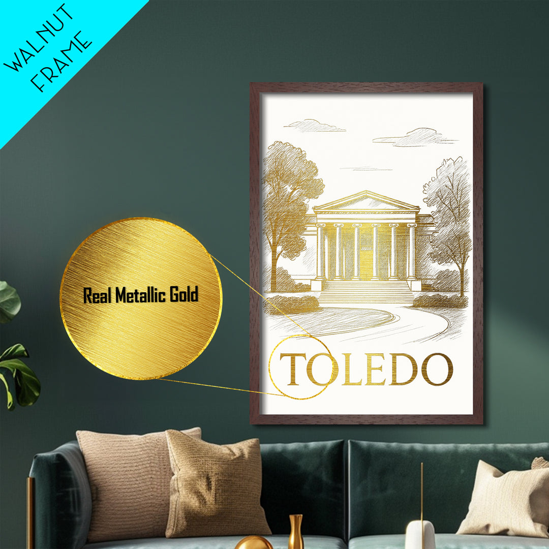 Toledo Ohio art, Metallic Gold Art, Housewarming Gift, Metal Art, Wood Framed Art, Newlywed Travel Gift, Honeymoon Gift