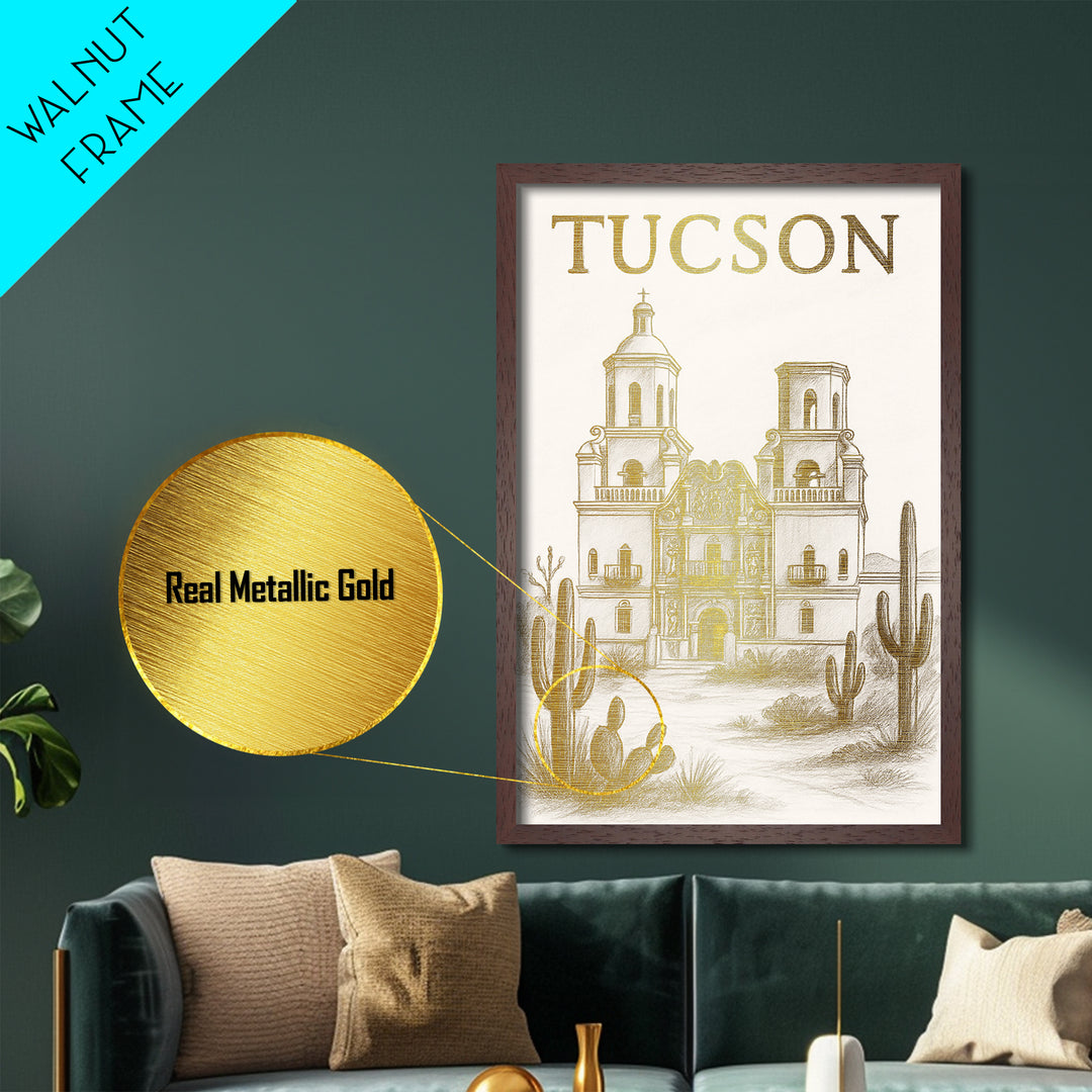 Tucson Arizona travel, Metallic Gold Print, Modern House Art, Metal Art, Wood Framed Art, Graduation Travel Gift, Destination Gift