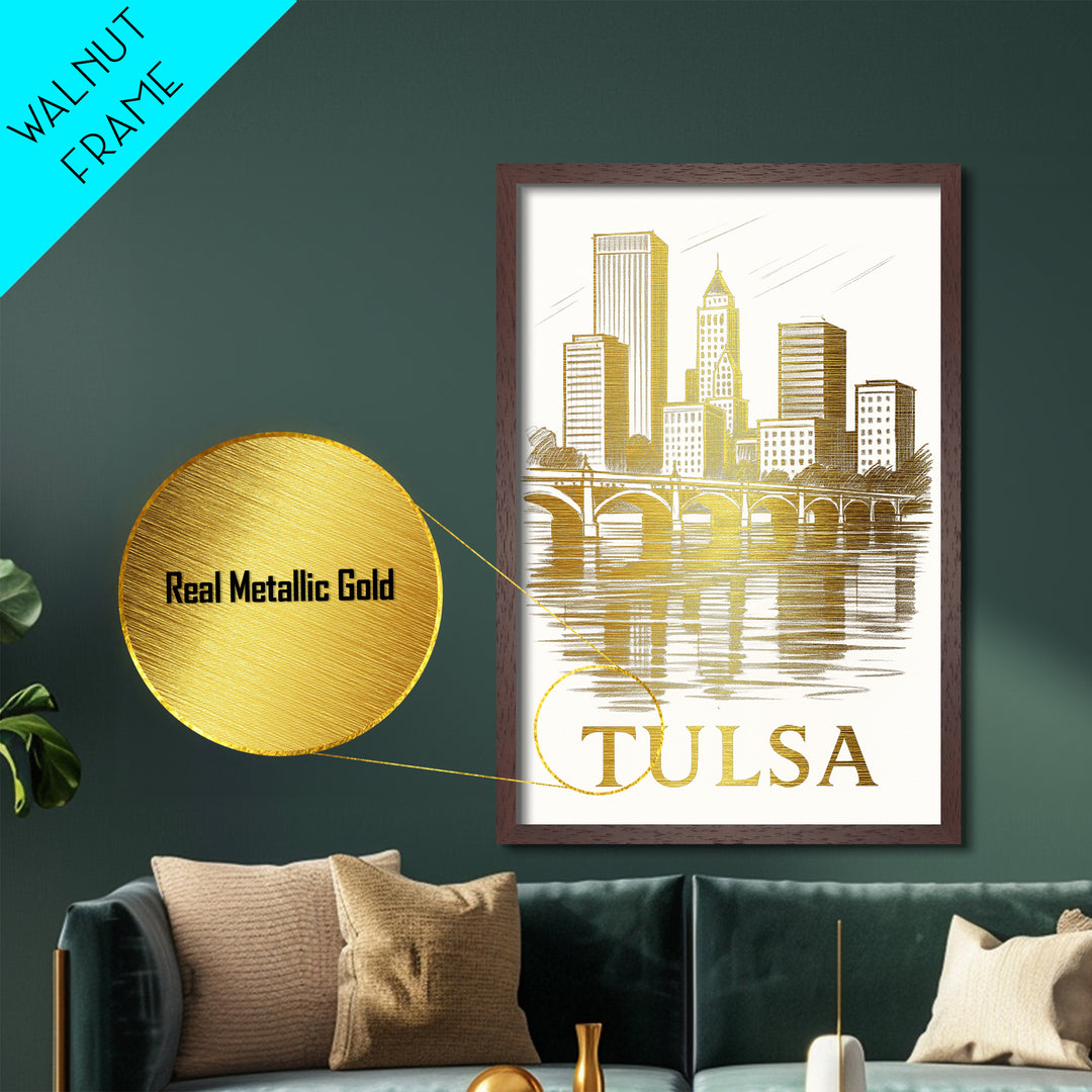 Tulsa Oklahoma art, Metallic Gold Art, Best Friend Gifts, Metal Art, Wood Framed Art, Birthday Travel Gift, Destination Gift