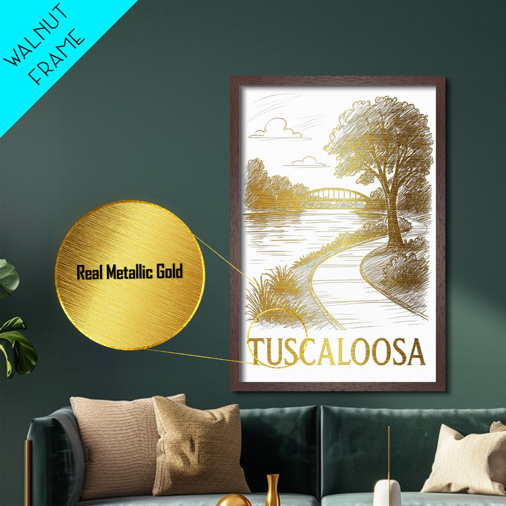 Tuscaloosa Alabama art, Metallic Gold Art, Housewarming Gift, Metal Art, Wood Framed Art, Newlywed Travel Gift, Honeymoon Gift