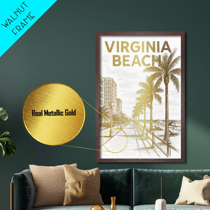 Virginia Beach Virginia travel, Metallic Gold Print, Wood Framed Art, Metal Art, Modern Wall Art, Metallic Gold Print