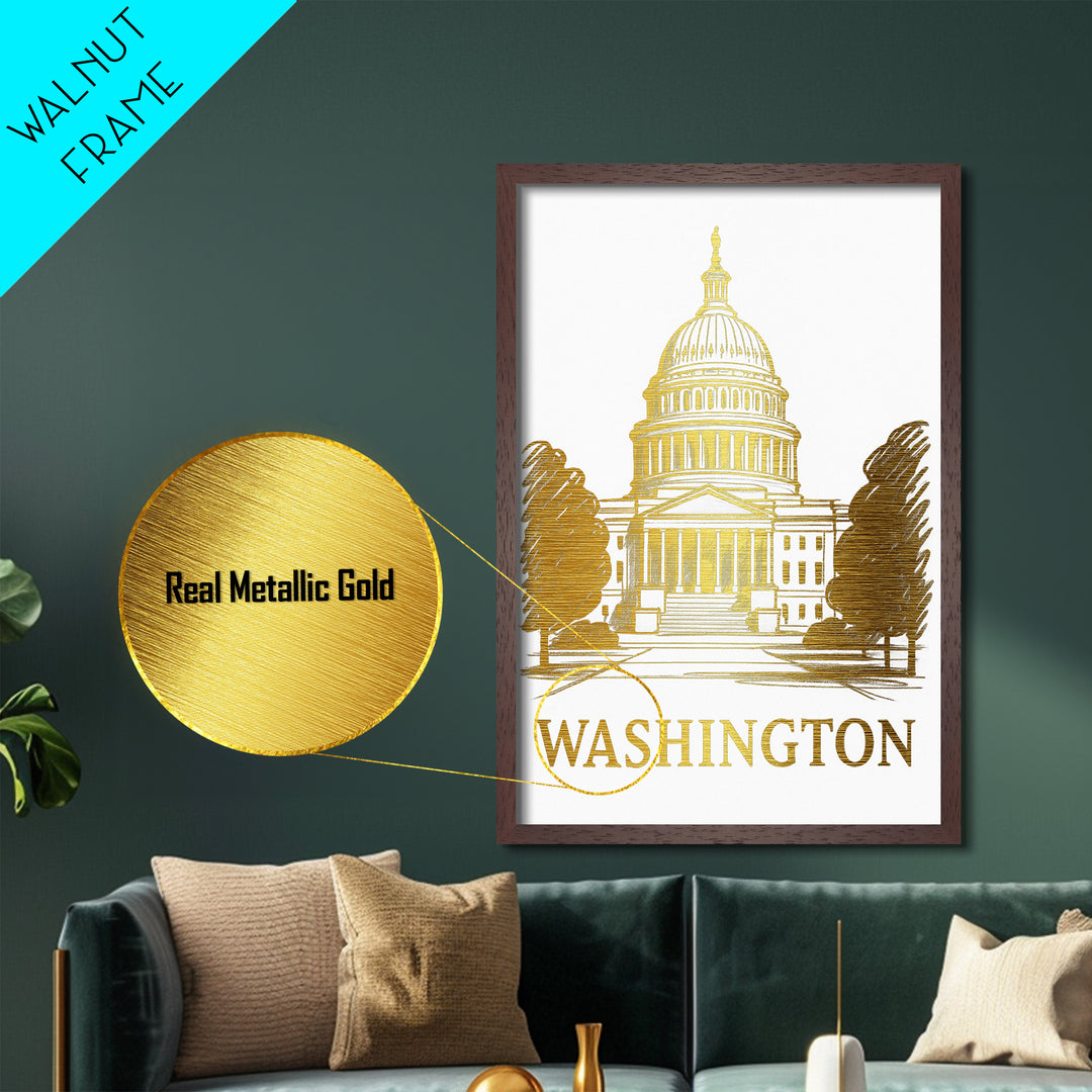 Washington DC art, Metallic Gold Art, Wood Framed Art, Metal Art, Office Decor, Metallic Gold Art, College Dorm Wall Art
