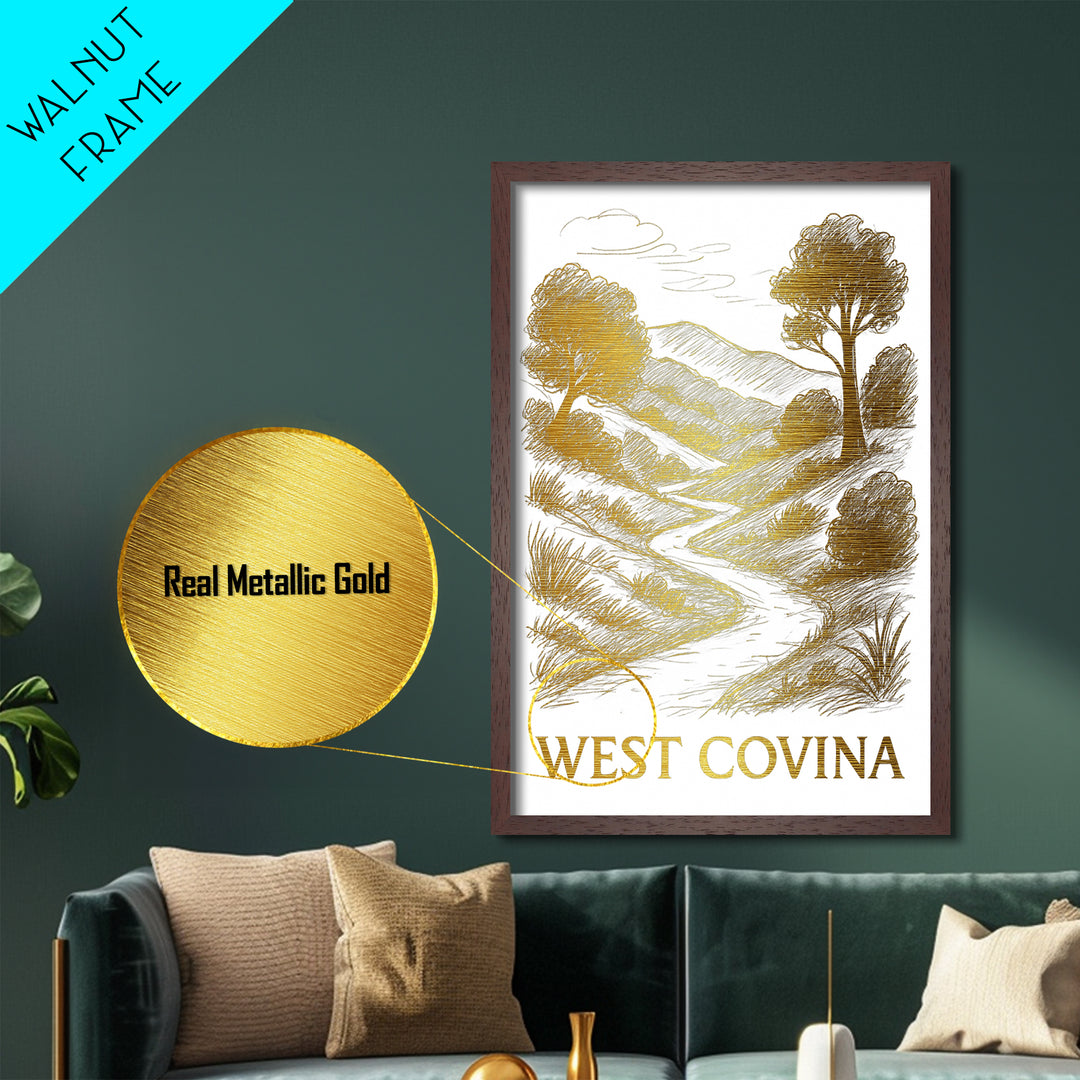 West Covina California art, Metallic Gold Art, Wood Framed Art, Metal Art, College Dorm Décor, Metallic Gold Art