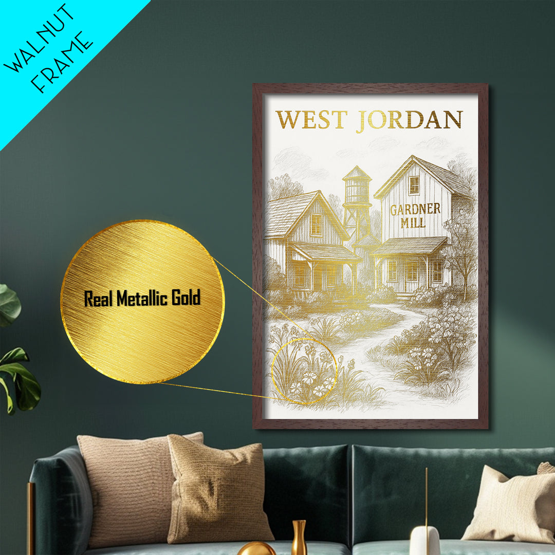 West Jordan Utah travel, Metallic Gold Print, Wood Framed Art, Metal Art, Best Friend Gifts, Metallic Gold Print, Modern Art