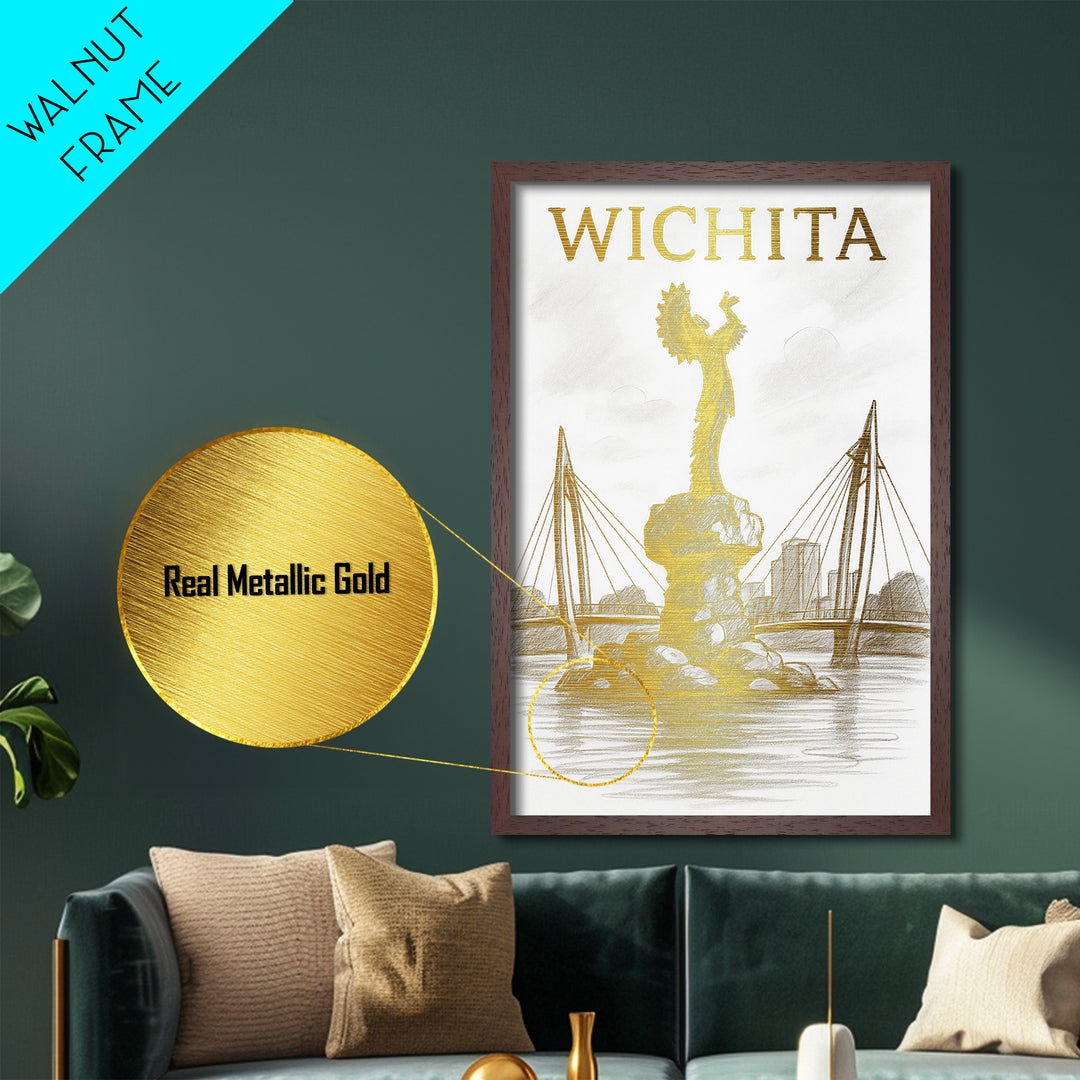 Wichita Kansas travel, Metallic Gold Print, Wood Framed Art, Metal Art, Minimalist Wall Art, Metallic Gold Print, College Dorm Art