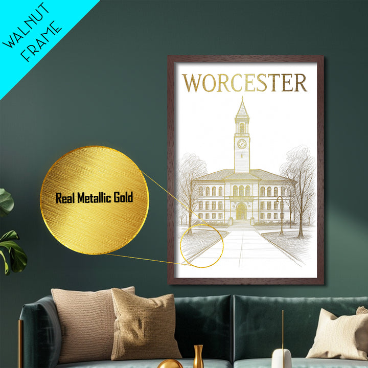 Worcester Massachusetts travel, Metallic Gold Print, Wood Framed Art, Metal Art, Minimalist Wall Art, Metallic Gold Print