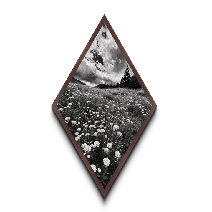 Black White Meadow Diamond Shaped Canvas Art Print, Monochrome Nature Photography, Wildflower Landscape Rustic Wall Decor