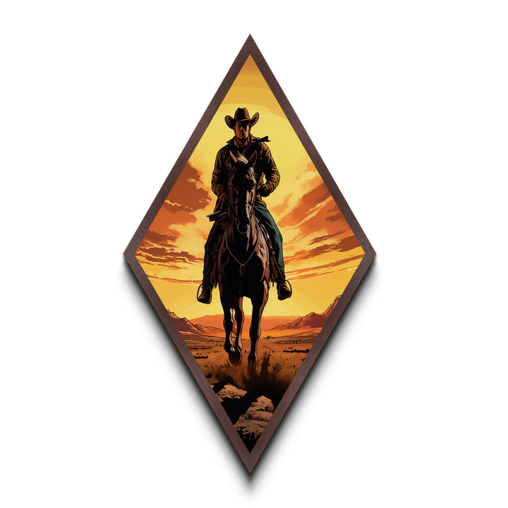 Bold Lone Cowboy Sunset Diamond Shaped Canvas Textured Print — Dramatic Western Rider Wall Art Country Rustic Ranch Home Decor