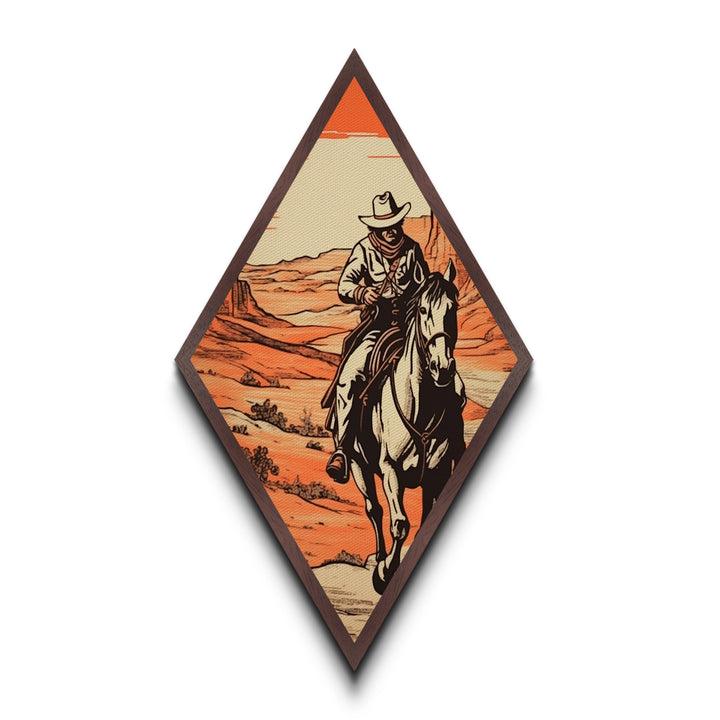 Sunset Frontier Ride Diamond Shaped Western Wall Decor Canvas Embossed Print with Cowboy Art Southwest Home Rustic Horseback Desert Scene