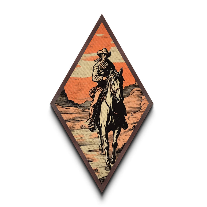 Western Trail Journey Diamond Shaped Cowboy Wall Art Canvas Textured Print Rustic Horse Rider Illustration Desert Sunset Decor
