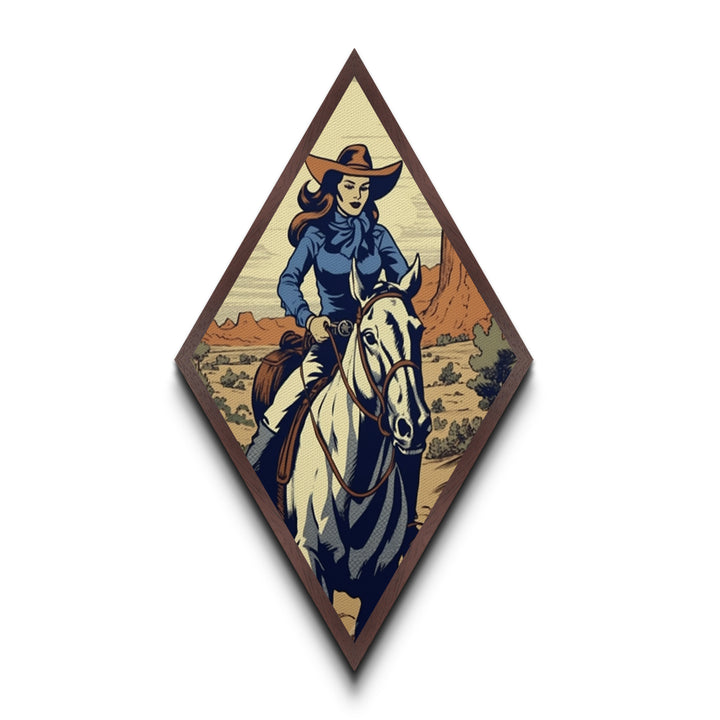 Rugged Cowgirl Charm Diamond Shaped Desert Wall Art Canvas Embossed Print Retro Western Female Horse Rider Blue Outfit Cowboy Style