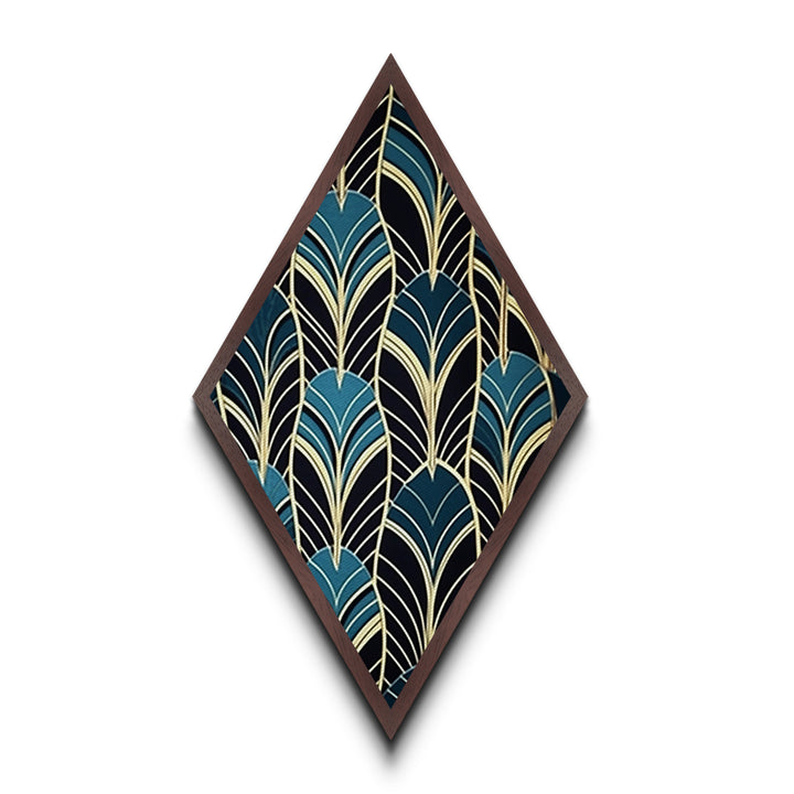 Teal Deco Leaves – Diamond Shaped Canvas Embossed Print Art Deco Wall Decor, Gold Foil Style, Geometric Pattern, Modern Glam Botanical Print