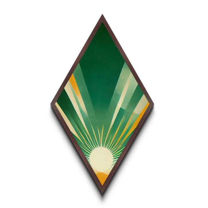 Greenburst Radiance – Diamond Shaped Retro Sunbeam Abstract Canvas Embossed Print, Mid Century Modern Art, Minimal Geometric Wall Decor