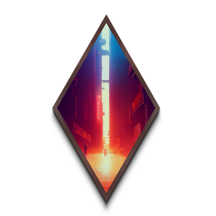 Neon Alley Escape Diamond Shaped Cyberpunk Cityscape Glow Canvas Art Print Gamer Room Sci-Fi Urban Futuristic Hallway Accent