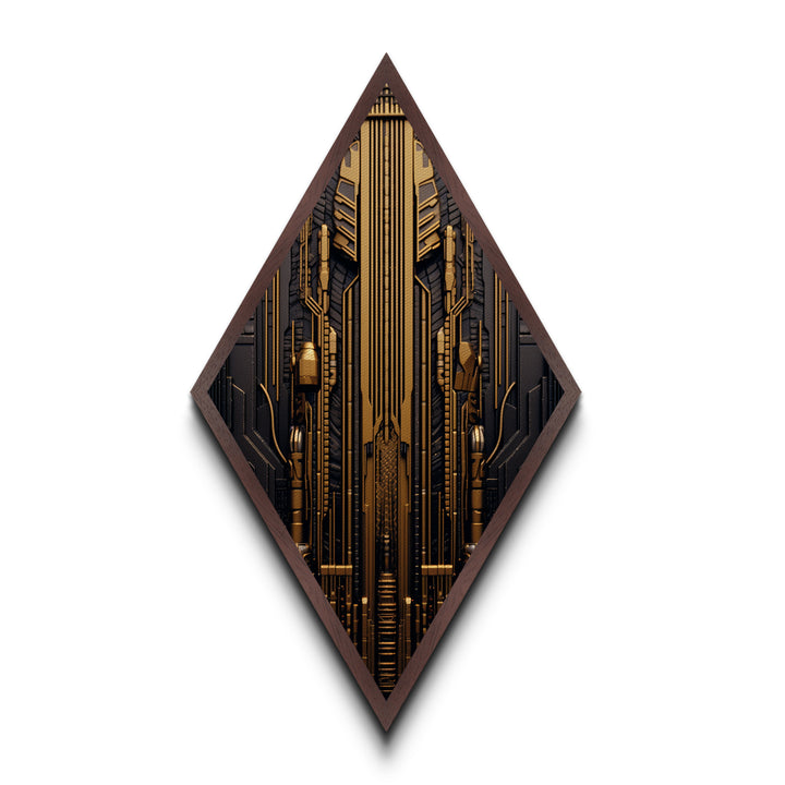 Cyber Gold Machine – Diamond Shaped Canvas Embossed Print Futuristic Wall Art, Sci-Fi Circuit Board Decor, Tech Industrial Steampunk Vibe