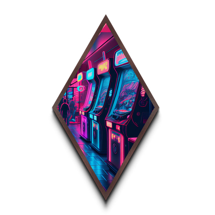 Neon Arcade Lights Diamond Shaped Canvas Textured Print, Retro Gaming Room Wall Art, Vaporwave Decor Gamer Gift Print