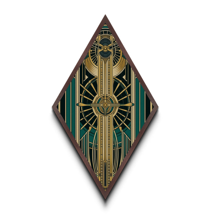 Emerald Axis Radiance – Diamond Shaped Canvas Embossed Print in gold green teal art deco, luxury retro wall accent with celestial symmetry