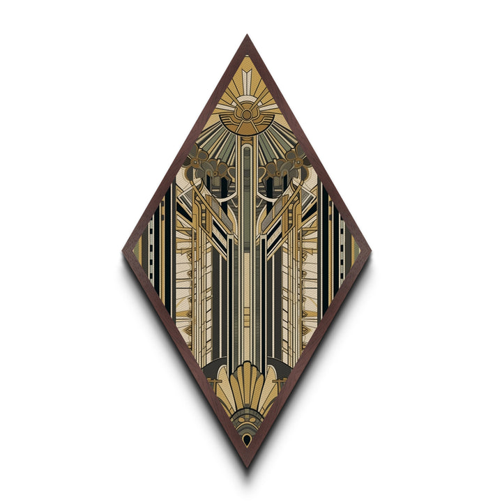 Empire Art Deco – Diamond Shaped Canvas Textured Print with golden structural symmetry, skyscraper inspired vertical abstract vintage glam