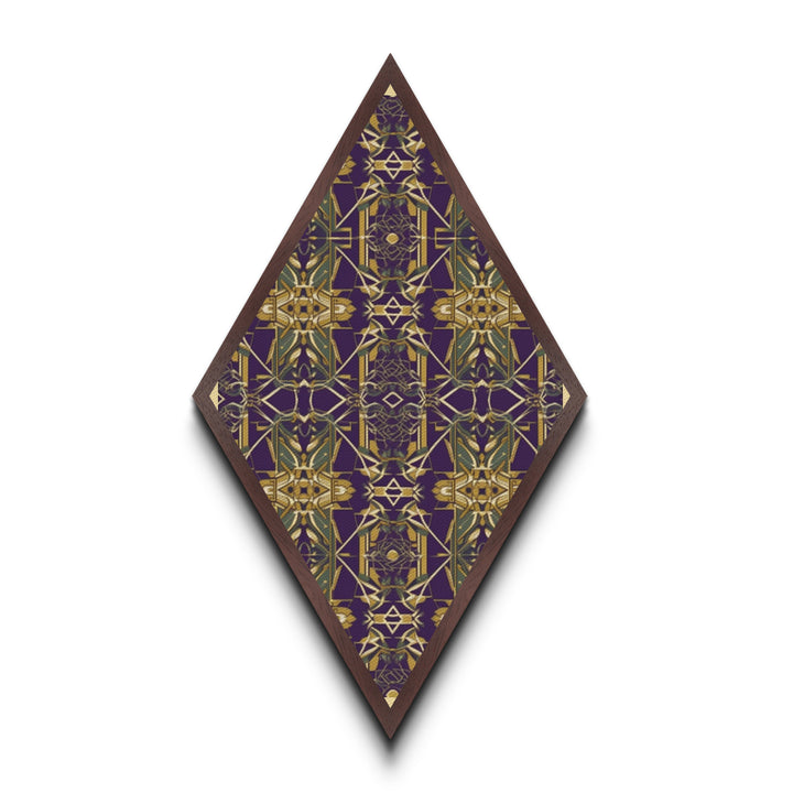 Royal Deco Mirage – Diamond Shaped Canvas Textured Print with purple gold repeating motif, symmetrical kaleidoscope retro wall pattern