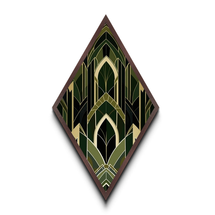Forest Cathedral Deco – Diamond Shaped Canvas Art Print in deep green and gold, gothic geometric elegance with ornate symmetrical style