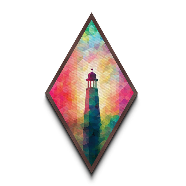 Prism Glow Lighthouse Diamond Shaped Canvas Embossed Print, Geometric Pastel Coastal Art, Modern Rainbow Nautical Scene