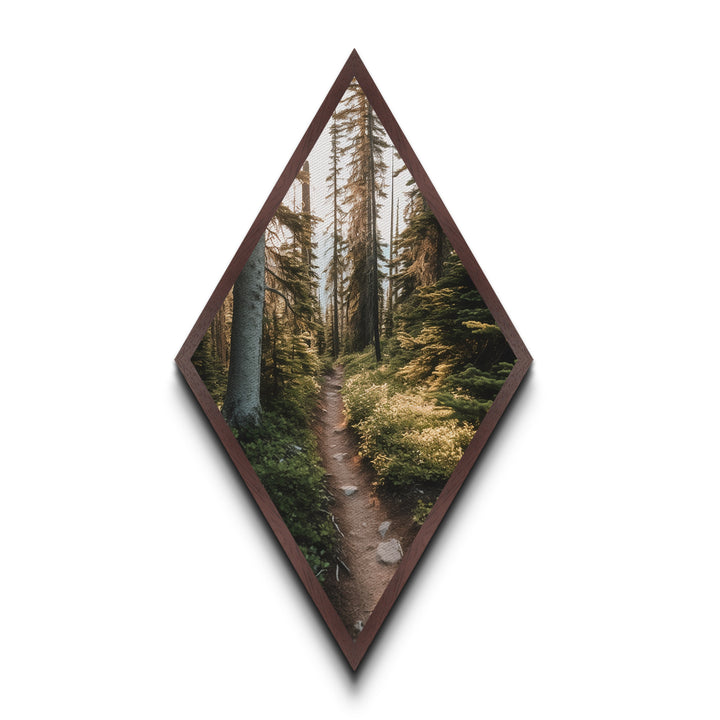 Forest Pathway Trail Diamond Shaped Canvas Textured Print, Serene Woodland Hike Decor, Earthy Green Landscape Art Print