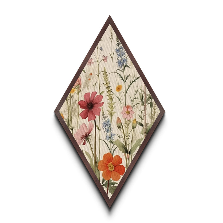 Orange and Blue Wildflowers Diamond Shaped Canvas Embossed Print, Garden Botanical Print, Rustic Floral Nature Artwork