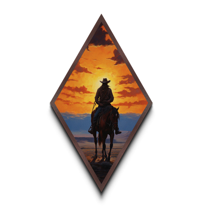 Cowboy Sunset Ride Diamond Shaped Western Horseback Silhouette Canvas Art Print Dramatic Sky Rustic Wall Decor Ranch Theme