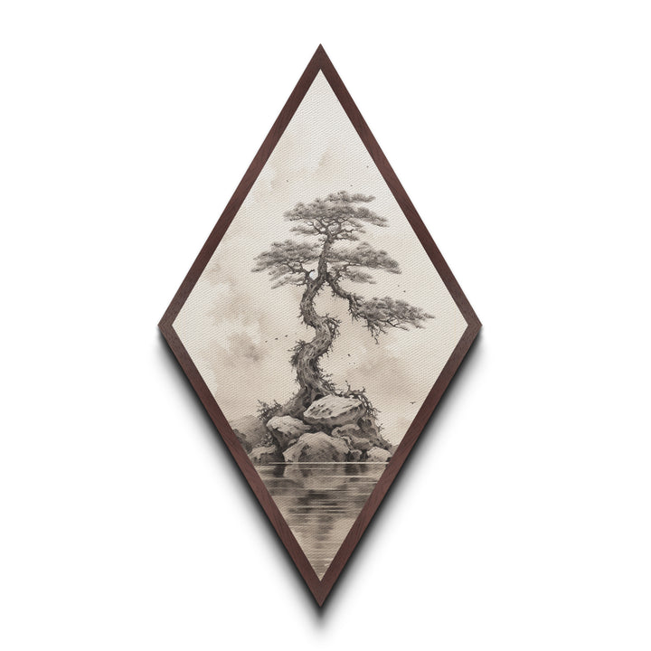 Charcoal Sketch of a Bonzai, Bonsai Tree Wall Art, Diamond Shaped Canvas Art Print, MCM Wall Decor, Odd Wall Art, Japanese Style Artwork
