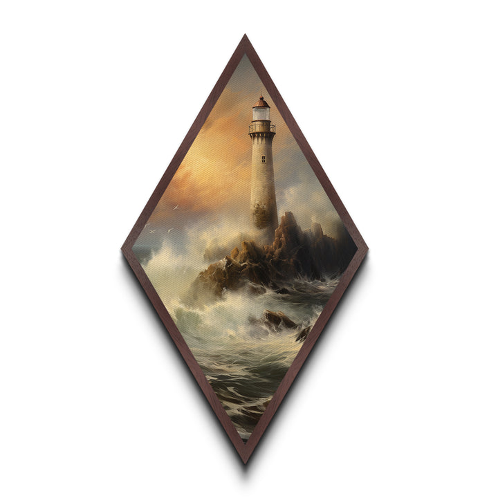 Stormy Lighthouse Glow Diamond Shaped Coastal Beacon Scene Canvas Art Print Dramatic Sea Waves Nautical Decor Maritime Lighting